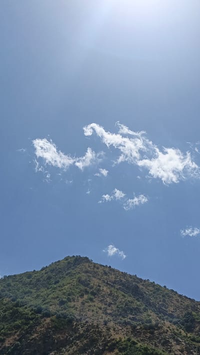 The image depicts a mountainous landscape under a clear blue sky with scattered white clouds. The foreground features the upper portion of a densely vegetated mountain slope, characterized by a mix of green and brown hues suggesting dry brush and trees. The summit of the mountain is visible, appearing rugged and covered in a similar natural growth. In the sky above, several wispy clouds drift across the expanse. The sun is positioned in the upper right portion of the frame, creating a slight glare and illuminating the scene. There are no people or man-made structures visible in the image. The scene is consistent with a natural environment in the vicinity of Tavish, Tajikistan, likely a rural or mountainous area.