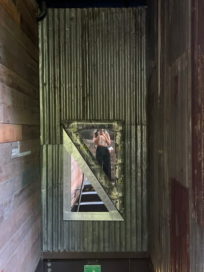 An interior scene showcases corrugated metal walls and ceiling, lending an industrial feel. A triangular frame, made of riveted metal, contains a mirrored surface. In the reflection, a person takes a photo of themselves. Below, a wooden plank floor adds a warm contrast to the cool metal tones. A dark door stands on the right, partially obscured by a green exit sign.