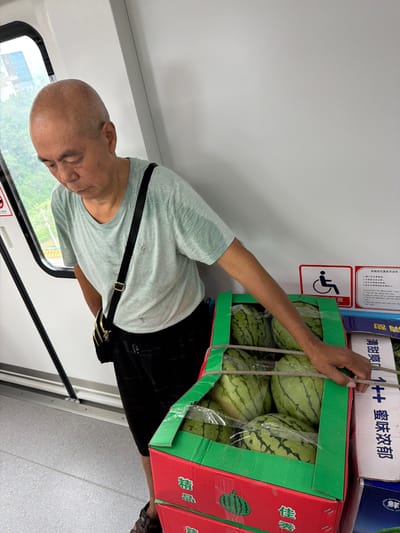 An elderly Asian man with a shaved head is leaning over a box of watermelons inside a train car. He is wearing a light green t-shirt and black shorts, and a black crossbody bag is slung over his shoulder. His right hand is resting on top of one of the watermelons. The watermelons are green with dark stripes and are packaged in a red and green cardboard box. Two boxes of watermelons are visible, stacked one on top of the other. The train car has a white interior with a window showing greenery outside. Signs for wheelchair use and product information are visible on the wall. The man appears to be in motion, as suggested by the context of being on a train. The lighting suggests it is daytime.