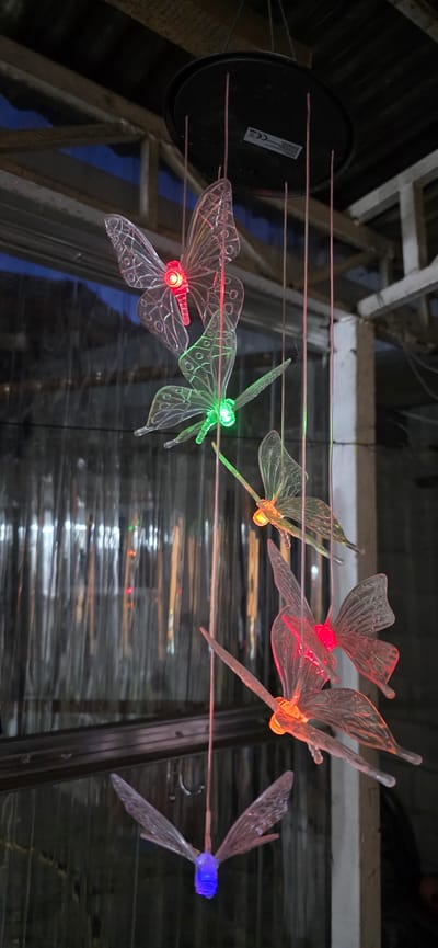 The image shows a string of clear plastic dragonflies with LED lights inside them. The dragonflies are suspended from thin pink wires, which are attached to a black circular disc on the left. The dragonflies are illuminated with different colors: red, green, orange, and blue. The setting appears to be outdoors, possibly on a porch or balcony, with wooden beams and a corrugated metal roof visible in the background. The overall scene suggests a decorative lighting display, likely for outdoor ambiance at dusk or night. There are no people visible in the image. A "CE" mark is visible on the black disc, indicating compliance with European standards. The location context is Karakol City, Kyrgyzstan.