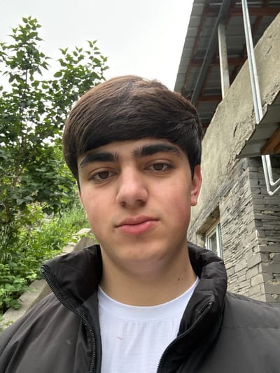 In the city of Tumanyan, Armenia, a close-up selfie shows a young male with dark hair and brown eyes. He is wearing a black jacket over a white t-shirt. The background features lush green foliage to the left and a weathered concrete building with exposed wooden beams and a corrugated metal roof to the right. The lighting suggests an overcast day.
