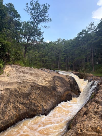 The image shows a natural landscape scene featuring a waterfall cascading over large, brown rocks. The water is a murky, yellowish-brown color, indicating it may be carrying sediment. The surrounding environment is lush with green vegetation, including trees and grass, with a dense forest of pine trees visible in the background under a clear blue sky with a few wispy clouds. The overall impression is one of a natural, somewhat wild, outdoor setting. The specific location is Păng Tiêng 1, Vietnam. There are no people or animals visible in the image.