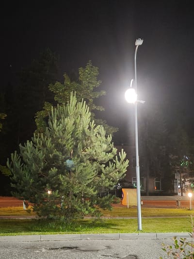 An outdoor night-time scene depicts a paved area in the foreground, with a concrete curb separating it from a grassy lawn. A mature pine tree stands to the left, its branches illuminated by a streetlamp positioned to its right. The streetlamp, a tall, slender pole with a spherical light fixture and a camera mounted higher up, casts a bright glow on the surroundings. Beyond the lawn, a row of buildings with illuminated windows is visible, suggesting an urban or suburban setting. Trees line the background, and the overall atmosphere is one of a well-lit public space at night. The location is specified as Gorki-2, Russia.