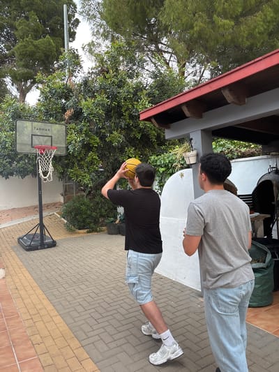 The image, rotated 90 degrees clockwise from its natural orientation, depicts an outdoor scene where two young men are casually playing basketball. One man, wearing a black t-shirt and light blue shorts, is positioned in the foreground, holding a yellow basketball as if preparing to shoot or pass. The second man, dressed in a grey t-shirt and light blue jeans, stands further back, observing the activity.
The setting appears to be a paved backyard or patio. The ground is covered with grey and beige rectangular paver stones arranged in a herringbone pattern, with a border of reddish-brown tiles visible. A portable basketball hoop with a clear backboard, a red rim, and a white net stands prominently. The brand name "TARMAC" is visible on the backboard.
The area is surrounded by lush green foliage, including tall trees and various bushes and climbing plants, suggesting a verdant environment. In the background, there's a building with a distinctive red-tiled roof edge and exposed wooden support beams, alongside a white wall and a dark barbecue grill. The lighting indicates it is daytime, possibly with an overcast sky, creating soft, diffused illumination. The overall mood is relaxed, capturing a moment of leisure in Montgó, Spain.