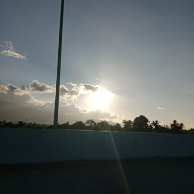 An outdoor, eye-level, medium shot shows a bright sun shining through clouds in a blue sky, casting light rays. In the foreground, a grey, concrete barrier wall runs horizontally across the bottom half of the frame. Behind the wall, a line of silhouetted trees and foliage forms a dark band against the horizon. A tall, dark, vertical pole, likely a street light or utility pole, stands on the left side of the frame, partially obscuring the sky. The scene appears to be captured from a road or elevated walkway. The overall lighting suggests it is either sunrise or sunset.