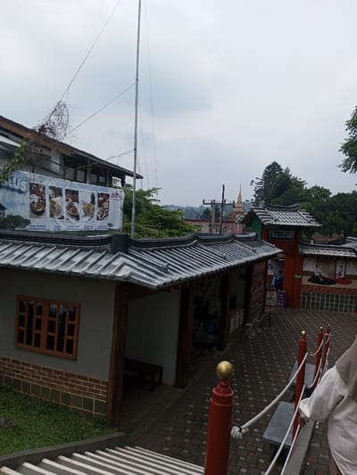 The image depicts an outdoor commercial or recreational area in Tân Kỳ Commune, Vietnam, under an overcast sky. In the immediate foreground, a set of white concrete steps with dark risers descends towards the viewer's left. To the right, a person wearing a beige headscarf and a white long-sleeved top is partially visible, holding a white rope railing supported by red posts with gold spherical finials.
The midground features a paved pathway constructed from interlocking reddish-brown bricks. To the left of this path, a single-story building with a gray facade, a brown brick base, and a multi-paned brown window is visible. This building has a distinctive gray tiled roof with upturned eaves, characteristic of East Asian architecture. An open-fronted section reveals a wooden bench inside. Above this structure, a large banner displays multiple food images, indicating a food service establishment. Overgrown vines cling to the upper wall of this larger building. A tall, thin metal pole with several wires extends vertically from this area, reaching high into the sky.
Further along the paved pathway, a red-painted gateway structure with a similar gray tiled roof is present. Above the entrance of this gateway, a sign reads "i TOILET." A person in a blue shirt is visible near this gateway. To the right of the gateway, a wall features a mural depicting figures in what appears to be traditional attire. Beyond these structures, a golden spire of a larger building is visible amidst dense green trees, suggesting a temple or a distinct architectural landmark in the distance. The sky is uniformly gray with cloud cover.