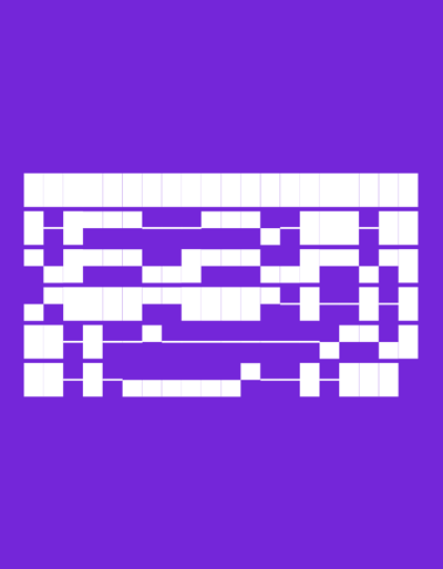 This is a digital artwork featuring a rectangular pattern of white squares against a vibrant purple background. The white squares are arranged in multiple rows and columns, forming a complex, abstract design. The pattern is not perfectly uniform; some squares are connected to form longer blocks, while others are isolated. The grid lines within the white squares are very thin and barely visible, suggesting a pixelated or mosaic-like effect. The overall impression is that of a minimalist, geometric composition. There is no discernible text, people, or recognizable objects. The artwork does not depict a specific scene, time of day, weather, or emotion. The context of Balakovo, Russia, does not provide any visual cues within the image itself.