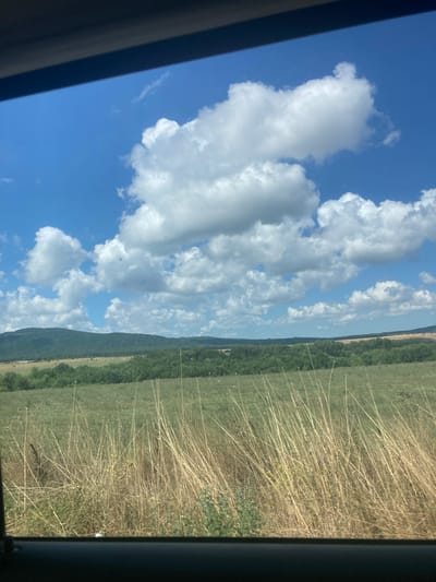 The image captures a pastoral landscape under a bright blue sky dotted with puffy white clouds. In the foreground, tall, dry grasses dominate the scene, their stalks reaching upwards. Beyond the grasses, a band of green trees stretches across the middle ground, with rolling, forested hills forming the background. The sky is expansive, with large cumulus clouds casting shadows on the landscape below. There are no people or animals visible in the frame. The perspective suggests the photo was taken from within a vehicle, looking out through a window. The image depicts a rural environment, likely outside the town of Ravadinovo, Bulgaria, given the mention of this location.