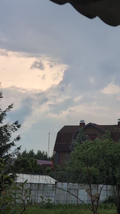 A vertical, eye-level, medium shot captures a cloudy sky with a light peach hue near the horizon, transitioning to a cooler gray-blue overhead. In the mid-ground, a dark red-roofed building with a mansard roof is visible, featuring two prominent chimneys with blue caps. A red-paned window is discernible on the upper level of the building. In the foreground, a concrete fence topped with barbed wire runs horizontally across the frame, separating the viewer from a grassy area with scattered wildflowers. Dark green foliage from trees and branches frames the left and right sides of the image, with a tall evergreen tree to the left and dense deciduous trees in the mid-ground to the right of the building. The overall scene appears to be a residential or rural setting in Yarishnoe (Zinyakovskii S/S), Russia, during daylight hours with overcast conditions. No people or animals are present in the frame.