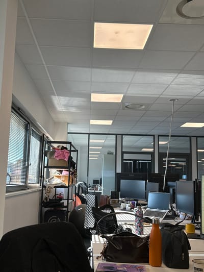 The image depicts an unoccupied open-plan office environment located in Reichstett, France, captured during daylight hours.

**Environment:** The scene is illuminated by natural light entering through multiple windows on the left, fitted with horizontal blinds, and artificial light from several rectangular LED panel lights integrated into a white suspended acoustic tile ceiling. Shadows from the window blinds are visible on the floor and objects, indicating direct sunlight. The office space features light-colored walls and a carpeted floor. A partition wall composed of glass panels and dark frames separates the immediate foreground area from an adjacent office space, revealing additional workstations in the background.

**Objects:**
*   **Foreground (right):** A dark office chair with a mesh back is partially visible. On a white desk surface, a dark brown leather handbag, an orange thermos bottle, a patterned water bottle, and a black insulated bag are present. A black jacket is draped over the chair closest to the viewer. A white mug with text is partially visible at the bottom right.
*   **Mid-ground (center-right):** Several computer workstations are arranged on white desks. Each workstation includes at least one black flat-screen monitor (one displaying "iiyama"), a keyboard, and a mouse. A silver laptop is open on one desk. Other items on desks include yellow mugs, white cups, and miscellaneous office supplies. A grey cable or rope hangs vertically from the ceiling in this area.
*   **Left side:** A black metal shelving unit with four tiers is positioned near the windows. The shelves hold various items, including a pink fabric item, cardboard boxes, bags, and what appears to be a red fire extinguisher on a lower shelf.
*   **Background:** Beyond the glass partition, additional desks and chairs are visible. Reflections on the glass partition show parts of the ceiling and internal structures.

**People:** No individuals are visible within the frame of the image.

**Actions/Interactions:** No actions or interactions are depicted; the scene shows a static, unoccupied office space.