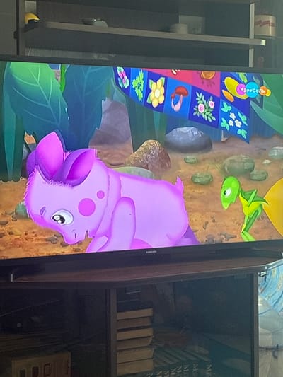 The image shows a television screen displaying a children's animated program. On the screen, a small, purple, furry creature with large ears and big eyes is depicted from the side, looking down. To the right of the creature, a thin, green, insect-like character with large eyes and a yellow chest is visible. The background of the animation features large green leaves, rocks, and a patterned banner with various icons like flowers, mushrooms, and fruit. The word "Карусель" in a blue circle is visible on the banner, which is likely the name of the television channel or program. The television itself is placed on a dark wooden furniture unit, with shelves below containing books and other items. The overall environment appears to be indoors, with the television being the primary focus. There is no visible indication of the city of Gornye Kljuchi, Russia, in the image.