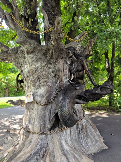 This media file depicts a statue of a mermaid entwined with a large, gnarled tree. The mermaid, rendered in dark, metallic material, is positioned on a branch of the tree, with her tail coiled around the trunk. She has detailed scales and a decorative headdress. Large, thick golden chains are wrapped around the tree and the mermaid's body, suggesting a theme of captivity or embellishment.
The tree itself appears to be a significant element, with a rough, textured bark that has been sculpted to resemble a fantastical entity, possibly a spirit of the forest or a mythical guardian. Branches extend from the main trunk, and parts of the tree have a weathered, aged appearance.
The setting is outdoors, in a park-like environment. Lush green trees and foliage form the background, with sunlight dappling through the leaves, indicating it is daytime. A paved pathway is visible in the foreground, with shadows cast upon it, suggesting a sunny day. There are glimpses of other park features in the background, such as a lamp post and fencing.
A small, rectangular sign is affixed to the tree trunk, bearing text in Cyrillic script. The visible portion of the text reads "НЕ ВХОДИТЬ" which translates to "DO NOT ENTER". This sign, along with the chains, adds to a narrative of restriction or a guarded space. The overall mood is somewhat mysterious and fantastical, blending natural elements with artistic representation. The location is identified as Sovkhoza imeni Lenina, Russia.