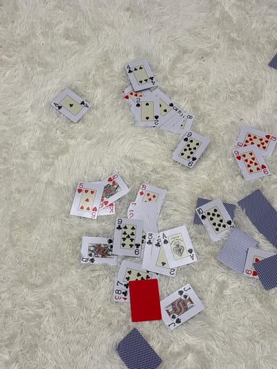 A collection of scattered playing cards rests on a white, shaggy surface, likely a rug or carpet. The cards are face-up, displaying various numbers and suits (hearts, spades, clubs, and diamonds). There is one solid red card. The backs of some cards are visible and have a blue geometric pattern. The scene gives the impression that a game has just ended, or the cards have been playfully dispersed. This scene is unlikely to be in Tlustenkhabl, Russia.