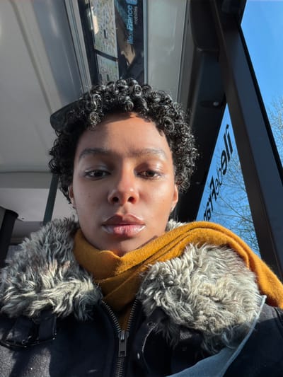 The image displays a frontal, close-up portrait of an individual seated within a public transport vehicle, identified as being in Gournay-sur-Marne, France. The subject is an adult with medium-dark skin, short, dark, tightly curled hair, and is looking directly forward. They are wearing a dark, zippered jacket with a prominent greyish-brown faux fur collar and a mustard yellow scarf wrapped around the neck. Strong natural sunlight illuminates the right side of the subject's face and shoulder, creating pronounced shadows on the left. To the subject's right, a window reveals a clear blue sky and the upper branches of a deciduous tree, indicative of an outdoor daylight setting. Reflections of internal vehicle elements are visible, including text such as "Île-de-France mobilités" and a map-like graphic, confirming the context of regional public transportation. The vehicle's interior structure, including light-colored overhead panels and dark window framing, is discernible. No other individuals or actions are depicted.