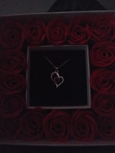 The image displays a necklace with a heart-shaped pendant inside a black box. The box is surrounded by artificial red roses, which appear to be made of velvet or a similar material, arranged in a square formation. The overall presentation suggests a gift, likely for a romantic occasion. The lighting is dim, creating a moody atmosphere. The background is dark and out of focus, with no discernible location cues other than the provided context of Bologoe, Russia. There is no visible text in the image. The image appears to be a still photograph of an object.