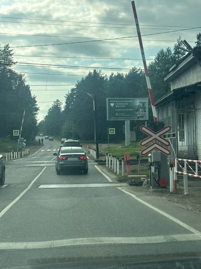 This is a vertical, eye-level, medium-shot photograph taken from a vehicle at a railway crossing in Kuzmolovskiy, Russia. The scene depicts cars stopped at a crossing with a lowered barrier, suggesting a train is about to pass or has just passed. The sky is cloudy, indicating overcast weather, and the lighting suggests it's daytime.
Prominently featured are the red and white striped railway crossing barrier and the associated warning signs, including a large red "X" shaped sign and a yellow diamond-shaped sign with a black symbol. A billboard is visible on the left, with Russian text that appears to advertise a residential development called "Ohtinskie Vysoty" (Ohta Heights) and mentions "business class in a pine forest."
Several cars are stopped on the road, including a dark SUV with the license plate "P0140M 178" clearly visible. The road has white lane markings. On the right side of the crossing, a series of white poles with red stripes are installed, typically used to guide traffic. The background shows dense green trees and a building that appears to be a railway structure. The overall mood is neutral, focusing on the practicalities of a road crossing.