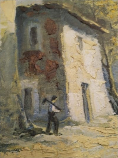 An impressionistic painting depicts a figure in dark clothing and a light-colored shirt, carrying a tool over their shoulder. They stand before a building with a mix of light and shadowed areas. The building’s surface is textured, suggesting age or disrepair, with patches of brown and light tones. Trees are painted in the background, adding a sense of depth and surrounding landscape. The overall scene exudes a rustic or rural atmosphere.