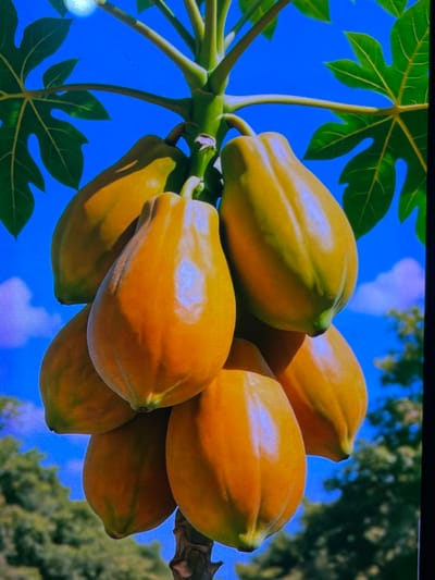A cluster of six papayas hang from a tree against a bright blue sky. The papayas are a vibrant orange with some green at the stem end. One leaf of the papaya plant is visible in the upper left corner. The scene is likely outdoors, given the presence of the tree and sky. There is no indication of a specific location within the city of Cadek, Indonesia.