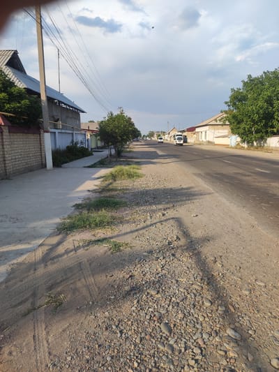 The image depicts a view down a street in Mingchinar (Blagoveshchensky), Uzbekistan. The street is paved and has a sidewalk on the left. There are buildings lining the street on both sides, with trees and vegetation visible. Several vehicles, including white vans and cars, are present on the road. The sky is cloudy with some blue patches. The scene appears to be set during daylight hours. The overall impression is that of a residential or semi-commercial street in a town.