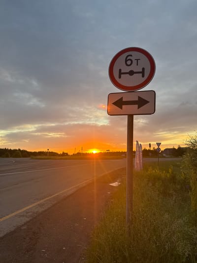 A road sign indicating a weight limit of 6 tons is visible against a sunset sky. Below it, a rectangular sign shows two opposing arrows, suggesting a two-way traffic or direction. The scene appears to be on the outskirts of Golyanovo, a district in Eastern Moscow, Russia. The road is paved with asphalt and a yellow line marks its edge. Tall grass and trees are visible on the right side of the road. Several banners with Russian text are planted in the grass. The sun is low on the horizon, casting a warm orange glow across the sky and the landscape.
