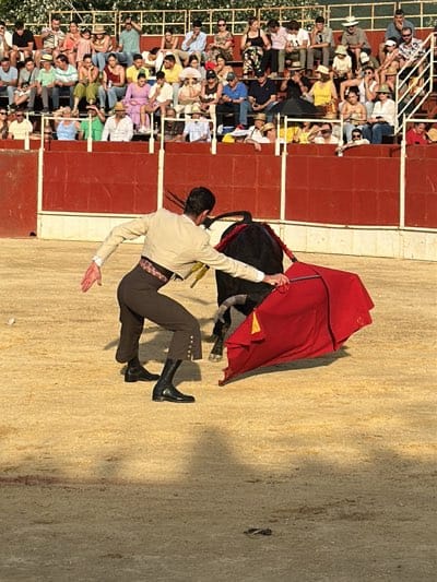 The photograph depicts a bullfight in a bullring, likely in San José del Valle, Spain. A matador, dressed in a light-colored jacket, dark pants, and boots, faces a black bull. The matador holds a large red cape, which is extended as a lure for the bull. The bull charges toward the cape. The ring is sandy and surrounded by a high, red wall. In the background, spectators sit in tiered seating, some wearing hats. The lighting suggests a sunny day.