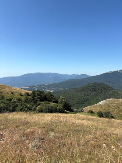 The image depicts a mountainous landscape under a clear blue sky. In the foreground, a dry, grassy hillside slopes downwards, dotted with patches of green bushes and small trees. The middle ground features more dense green forestation covering rolling hills. In the background, several layers of mountains recede into the distance, with the furthest peaks appearing hazy and blue. The scene is devoid of any people, animals, or man-made structures, presenting a natural, untamed environment. The location is identified as being in the city of Luchistoe, Ukraine, suggesting a scenic, possibly mountainous region within that area.