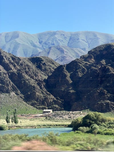 The image depicts a scenic landscape in the vicinity of Kok Moynok Eki, Kyrgyzstan. In the foreground, a turquoise river flows, bordered by lush green grass and foliage that appears slightly blurred, suggesting motion. A cluster of tall, slender trees stands on the riverbank, accompanied by a smaller, solitary tree. Further inland, a modest, light-colored building with a simple roof is visible, situated amidst dry, scrubby vegetation. Behind the building, a road can be seen leading away.
The middle ground is dominated by rugged, rocky mountains covered in sparse vegetation, with deep ravines and shadowed crevices. A network of thin wires, likely power lines, stretches horizontally across this section of the scene.
In the background, a range of larger, rolling mountains rises, their slopes a softer green and displaying visible patterns of erosion or natural formations. The sky above is a clear, bright blue. The overall impression is one of a natural, undeveloped environment with a single dwelling suggesting human presence in an otherwise wild setting.