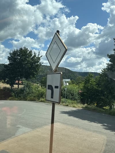 The image depicts a road scene in Rothenstein, Germany, under a partly cloudy sky. A traffic signpost stands in the foreground, displaying two signs. The upper sign is a white diamond with a black outline and a hollow diamond in the center, a common warning sign. Below it, a rectangular sign shows a black arrow pointing to the left and then downwards, indicating a sharp turn to the left. The road ahead curves to the left, surrounded by green trees and a wooded hillside in the background. The environment suggests a rural or semi-rural area.
