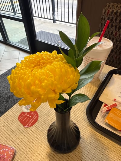 A high-angle, indoor shot features a yellow flower in a dark vase, placed on a textured beige surface. A white cup with red stripes and a red straw is visible near the flower. A black tray containing condiments such as a Chick-fil-A Honey Mustard sauce is situated next to the vase. A small, red sticker with ordering instructions is on the table next to the vase. Part of a window with a black frame is visible on the left. A corner of a wallet or small pouch is also seen in the lower right corner of the table. The location is Stone Mountain, United States of America.