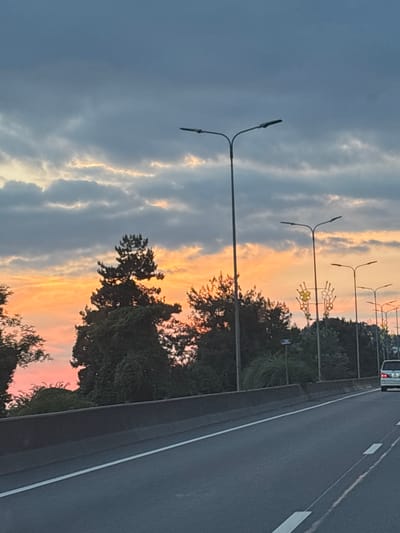 The image depicts a road scene at dusk in Adlerskiy, Russia. The sky is filled with dramatic clouds painted in hues of gray, pale blue, orange, and pink, indicating the setting sun. Along the side of the road, several streetlights are visible. One streetlight in the foreground has a unique design with two arms, each holding a light fixture. Further down the road, other streetlights are visible, some featuring decorative elements resembling flowers.

Dense green trees line the left side of the road, their silhouettes contrasting with the vibrant sky. The road itself is asphalt, with white lane markings. A white vehicle is partially visible on the road in the distance. The overall scene evokes a sense of calm and the beauty of a sunset. The time of day is clearly evening, given the colors in the sky and the artificial lighting. No people are visible in the image, and there is no discernible text.