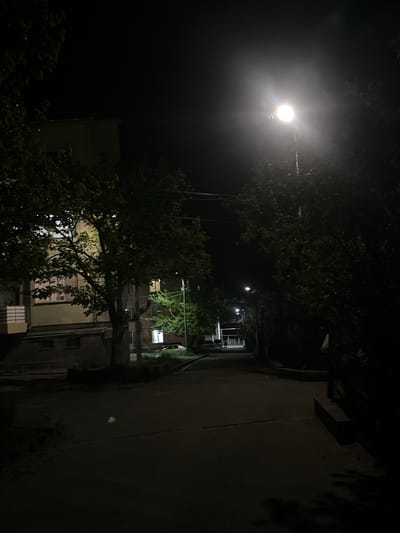 The image displays a nocturnal street scene in Agarak, Armenia, characterized by artificial illumination and deep shadows. A prominent, intensely bright street lamp is positioned in the upper-left portion of the frame, emitting a strong glare and creating a hazy halo against the dark night sky. This light source is the primary illuminator for the immediate foreground.

Numerous trees with dense, dark green foliage occupy significant parts of the image, framing the view from the left and partially obscuring the background. Their branches and leaves are either silhouetted against the bright light or softly illuminated where the light reaches.

In the midground, several multi-story buildings are visible through and behind the trees. Many windows in these structures are brightly lit from within, indicating occupancy and adding to the ambient light. Fainter, more distant streetlights can be seen further down the street or alleyway. Utility poles and power lines are discernible, weaving through the tree canopy.

The paved street or pathway occupies the right side of the image, stretching into the background. It appears empty of vehicles or pedestrians, contributing to the scene's quiet and still atmosphere. No specific activity is taking place. The time is night, and the weather seems clear. No people are visible, and there is no discernible text in the image. The overall impression is one of urban solitude under artificial light.