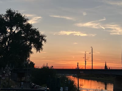 The image shows a sunset over the Neckar river in Mannheim, Germany. A bridge spans the river, with a person cycling across it. There are power lines and streetlights visible on the bridge, and a church spire can be seen in the distance. The sky is a warm orange and pink, with wispy clouds. The river reflects the colors of the sunset. On the left side of the image, there is a large tree silhouetted against the sky, and some buildings are visible along the riverbank. Cars are parked on the side of the road in the foreground.