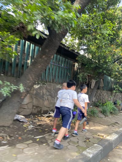 Three boys wearing white shirts and blue shorts walk along a sidewalk in Kecamatan Cimahi Selatan, Indonesia, located at the coordinates -6.901 latitude and 107.563 longitude. The boys are walking in a single file line, with the boy in the back holding a gray water bottle. The sidewalk is made of brick and is lined with a low stone curb. There is a tree on the left side of the sidewalk and a stone wall behind the tree. There are bushes and other plants growing in the dirt next to the wall. The sidewalk leads to a street that is not visible in the image. The scene is taken from a perspective that is slightly behind and to the right of the boys. There are multiple pieces of trash on the ground. There is a partial view of a fence that is behind the boys. The image is blurred.