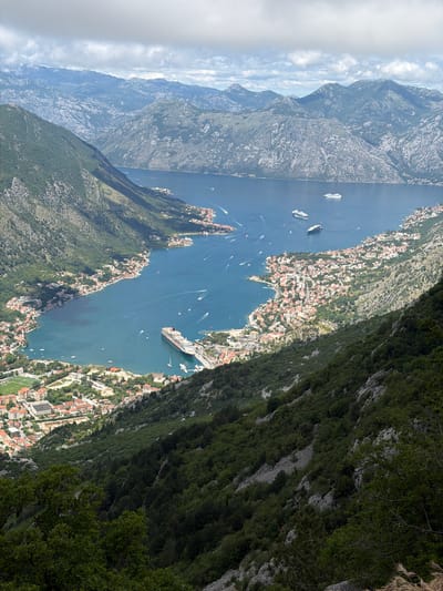 A wide-angle, high-altitude panoramic view captures the stunning Bay of Kotor in Montenegro, framed by steep, rugged mountains under a partly cloudy sky. The deep blue, fjord-like bay winds through the center of the image, from the foreground towards the distant background.
Along the shores of the bay, numerous picturesque towns and settlements are nestled, their buildings characterized by red and orange tiled roofs, extending from the water's edge up the lower slopes of the mountains. A large, multi-deck cruise ship with a dark hull and white superstructure is prominently anchored or docked in a town on the right side of the bay. Several other large white yachts or smaller cruise ships are visible further out on the water, alongside numerous smaller white boats, some leaving noticeable white wakes indicating movement.
The mountains enveloping the bay are heavily forested with lush green trees and shrubs, particularly in the foreground and on the closer slopes. In contrast, the more distant mountain ranges in the background appear grayer and rockier, with patches of lighter vegetation. The sky above is a mix of bright blue and scattered white clouds. The scene is illuminated by bright daylight, suggesting a clear day, likely late morning or early afternoon. The location, Špiljari, Montenegro, offers this breathtaking vista of the iconic Bay of Kotor. No people or text are discernible in this expansive scene.
