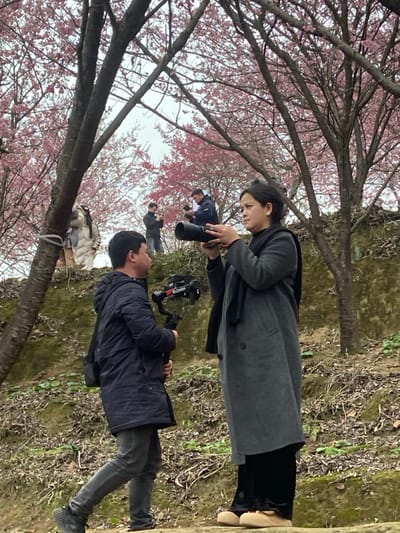 People film under blossoming cherry trees. A woman in a gray coat holds a DSLR camera, while a man in a dark blue jacket operates a camera stabilizer. Another man stands further back, partially obscured by the blossoms. Ground is uneven, with hints of green moss and brown dirt. A tree branch with a white ribbon or cloth is visible in the lower left.