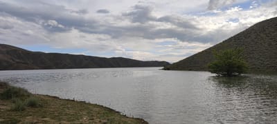 The image shows a body of water, likely a lake or reservoir, surrounded by hills and mountains. A partially submerged tree is visible near the right edge of the water. The landscape appears arid with sparse vegetation on the hills. The sky is cloudy. In the distance, a mountain range is visible. The location is Lanjazat, Armenia. There are no people visible in the image.