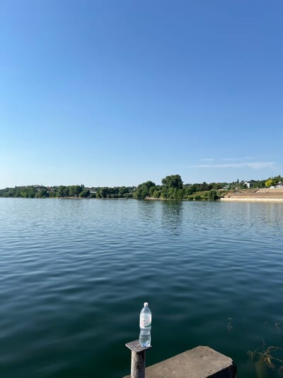 This is a vertical, medium-shot, eye-level photograph taken from a pier or dock overlooking a body of water. In the foreground, on a metal post and a concrete slab, sits a clear plastic bottle of water with a white cap. The water in the lake is dark blue and rippled by a gentle breeze. The far bank of the lake is lined with a dense row of green trees, behind which a few buildings and rooftops are visible. The sky is clear, bright blue, and cloudless, indicating a sunny day. The overall scene depicts a serene natural environment with a touch of man-made elements, likely in the city of Korzhevo, Moldova, given the context. There are no people visible in the frame.