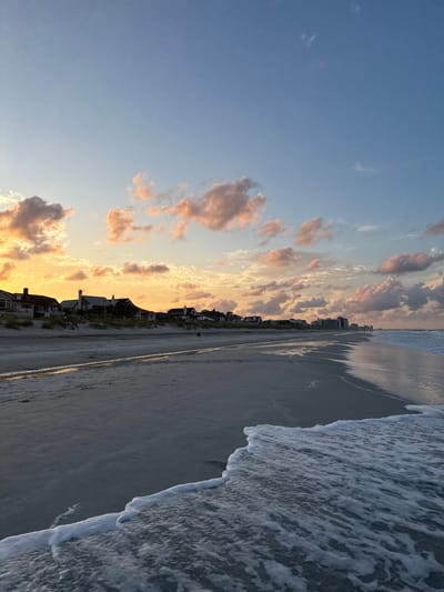 This is a vertical, eye-level, outdoor, full shot of the beach at Jacksonville Beach, Florida, USA, during sunset. The sky is a soft blue with scattered clouds tinted with pink and orange from the setting sun. In the background, a row of houses with dark roofs lines the sandy beach, backed by dunes and vegetation. Further down the coastline, taller buildings are visible, suggesting a more developed area. The ocean on the right side of the frame is calm, with gentle waves lapping at the shore. The wet sand reflects the sky's colors, creating a shimmering effect. A thin line of white foam from a receding wave forms a dynamic edge in the foreground, adding texture and depth to the scene. The overall atmosphere is peaceful and serene, capturing the beauty of a coastal sunset. No people are clearly visible in this image.