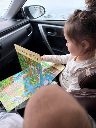 Inside a passenger vehicle in Yus'ki, Russia, a young child is seated in a brown car seat on the right side of the frame, engrossed in a large, colorful children's book displaying detailed illustrations of animals in a natural habitat. The child, with brown hair gathered in a bun, wears a light-colored long-sleeve shirt with patterns. Her right hand rests near the book's open pages. In the foreground, the knee of an adult, wearing light grey pants, is visible. The car's dark interior features the passenger dashboard, door panel, and a side mirror reflecting a snow-covered exterior landscape with visible precipitation on the window. A faint red light is discernible in the mirror's reflection. A small, light green object is partially visible on the car seat beside the book.