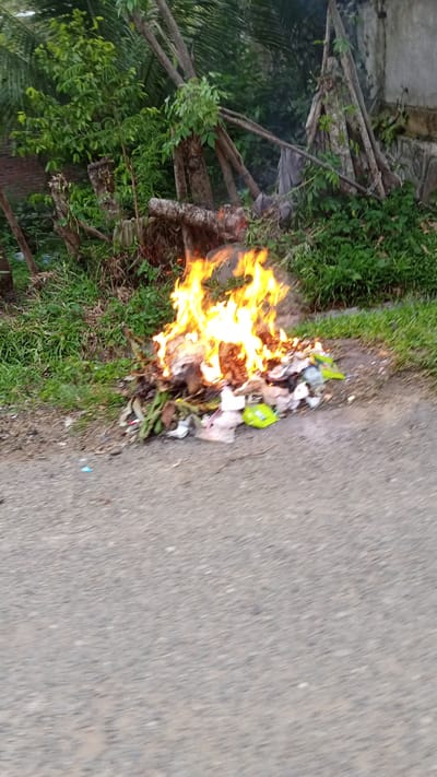 In Blangtingkeum, Indonesia, a pile of burning trash sits on the edge of a paved road. The trash consists of paper, plastic, leaves, and other unidentified debris. The fire is actively burning, with flames rising from the pile. Vegetation including grass and foliage are visible behind the fire, along with some cut branches. A gray wall is partly visible behind the branches. The foreground is the grey paved road.