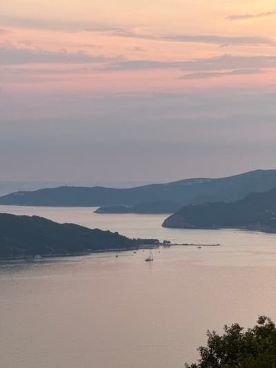 An aerial, high-angle, vertical shot captures a serene bay in Podličak, Montenegro, during a soft sunset. The sky is painted in delicate hues of pink, lavender, and pale orange, with wispy clouds stretching across the horizon. The calm sea mirrors the sky's gentle colors, reflecting the soft light. Rolling, tree-covered hills form the coastline, with some hills appearing as darker silhouettes against the lighter water and sky. A few sailboats and smaller vessels are scattered across the bay, their white forms standing out against the water. In the foreground, the dark green leaves of a tree provide a natural frame to the bottom right corner of the image. The overall atmosphere is one of peaceful tranquility.