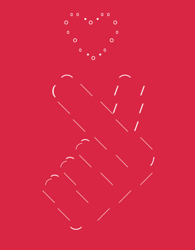 The image displays a simplified graphic illustration on a solid red background. At the top, a white heart shape is formed by small white circles and dots. Below the heart, also in white, is a stylized depiction of a hand forming the "finger heart" gesture, commonly associated with Korean culture. The hand is rendered using a series of short white lines and curved strokes. The image does not contain any elements related to the city of Asbest, Russia.