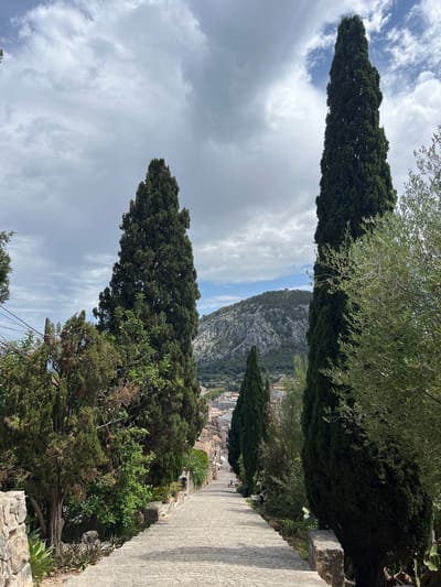 The image depicts a steep, cobblestone stairway in Pollença, Spain, descending into a town nestled at the base of a rocky mountain. Tall, dark green cypress trees flank the stairway on both sides, with lush vegetation and stone walls lining the edges. The sky is partly cloudy, with dramatic white and grey clouds against a pale blue backdrop. In the distance, the town's buildings are visible, with a small tower or structure perched atop the mountain. A few people are seen walking down the stairs. The overall scene conveys a sense of historic charm and natural beauty.