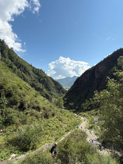 This is a high-angle, full-shot photograph of a lush green valley in Chemal, Russia, on a sunny day with scattered clouds. The valley is carved by a winding dirt path that slopes downwards into the distance. The path is lined with dense vegetation, including trees and shrubs. Several people are visible on the path, walking in various directions. Some are clustered together, while others walk alone. The mountains on either side of the valley are covered in trees and shrubs, with rocky outcrops visible in places. In the distance, more mountains are visible, shrouded in a light haze. The sky is a vibrant blue, with fluffy white clouds adding texture and depth to the scene. The overall impression is one of natural beauty and tranquility.