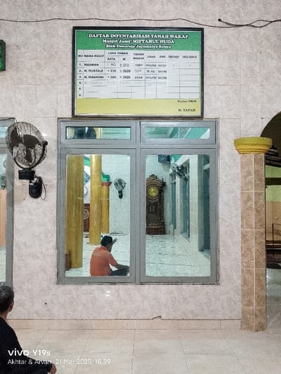 A large sign is posted on a wall inside a building located at coordinates -6.423, 107.996 in Kecamatan Kroya, Indonesia. The sign lists the "Daftar Inventarisasi Tanah Wakaf" (Inventory of Wakaf Land) for Masjid Jami' Mitaahul Huda, Blok Danaraja Jayamulyo Kroya, which includes a list of names, area of land, date, year, and notes. Below the sign, a window is split into three sections with the center section having a clear view into an interior room. A man in an orange shirt is kneeling and bowing with his head down in prayer, while a grandfather clock with Roman numerals stands in the middle of the room. Two large, gold-colored pillars are visible in the room to the left of the clock. A smaller, darker colored pillar sits to the left of the clock. A metal ceiling fan hangs from the wall. A yellow-colored pillar with a slightly rounded top rests to the right of the window, with the bottom visible in the foreground. The photo is taken from a slightly angled viewpoint looking towards the window. The floor is tiled and there is a small portion of an individual's foot visible at the bottom of the image. The image is taken from a slightly tilted angle. The date and time of the photo are 21 Mar 2023, 18:39, captured by a vivo Y19s. A message from the photographer is visible in the bottom left corner, saying "Akhtar & Arvan".