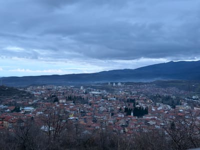 The image shows an overview of a densely populated urban area, most likely a city, under a cloudy, overcast sky. The architecture appears to be varied, with a mix of low-rise residential buildings with red-tiled roofs and taller structures in the distance, possibly commercial or apartment buildings. The layout of the city is characterized by tightly packed buildings, with few visible open spaces. In the foreground, there are bare trees and vegetation, suggesting it might be late autumn or winter. Beyond the urban area, the landscape rises into hills or mountains, adding depth to the scene. The location is assumed to be Sveti Konstantin, Bulgaria, based on the prompt, which suggests that is the location of this image. There are no people visible in the frame.