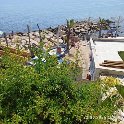 The image depicts a sunny day by the sea, likely in Trani, Italy, with a view of the Adriatic Sea. In the foreground, lush green foliage obscures part of the scene. The middle ground shows a wooden deck area with several people. Some are sunbathing or sitting on the deck, while others are near a blue and white boat. Further back, a rocky breakwater extends into the sea, with more people present. The water is calm and blue. In the background, the horizon is visible under a clear sky. The overall impression is a relaxed coastal scene.