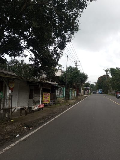 This image depicts a semi-urban or rural street scene in Kodarapalli, India, under an overcast sky. The view is along a two-lane asphalt road that recedes into the distance.
On the left side of the road, a dirt shoulder with scattered white debris borders the pavement. Adjacent to this, a series of single-story structures with corrugated metal roofs line the street. The closest building has a light-colored facade with a poster, possibly for "Indomie," and a wooden bench or table in front. Further along, another structure features a prominent yellow sign with red text that reads "WARUNG AYAM BAKAR." Trees with dense green foliage are abundant, with a large tree in the upper left foreground partially obscuring the sky and distant buildings. Utility poles carrying multiple power lines run parallel to the road on the left.
The road itself has a solid white line marking its left edge and a solid yellow line further distinguishing the lanes in the distance. Vehicles are visible on the road, traveling away from the viewer. These include a blue truck or bus, several dark passenger cars, and a red motorcycle with a single rider on the far right lane. The right side of the road is bordered by a line of trees and vegetation, including a visible palm tree, with buildings partially obscured behind them.