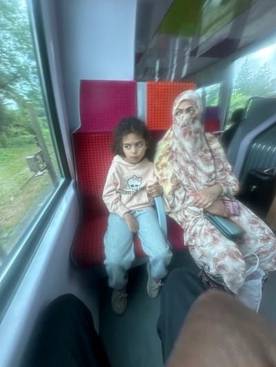 A woman and a young girl are sitting in a train carriage. The woman is wearing a hijab and a long, floral-patterned dress. She is holding a cell phone. The girl is wearing a light pink sweatshirt and grey sweatpants. They are both sitting on red seats. Outside the train window, green trees and foliage are visible. The location is the city of Saint-Brice-sous-Forêt, France.
