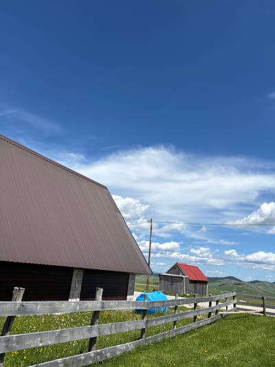 The image depicts a rural landscape in the city of Virak, Montenegro, on a clear day with a vibrant blue sky dotted with white clouds. In the foreground, a weathered wooden fence runs horizontally across the scene, bordered by a green field dotted with small yellow and white wildflowers.

To the left, a large building with a dark brown, corrugated metal roof dominates the frame. The lower portion of this building features dark brown garage doors set within a stone facade. Adjacent to this building, a bright blue, round plastic tank is visible.

Further in the background, to the right, a smaller, rustic wooden shed with a bright red corrugated metal roof stands. Beyond the shed, rolling green hills characteristic of the Montenegrin landscape recede into the distance. A single wooden utility pole with wires stretches across the middle ground, connecting to other unseen poles. The overall scene conveys a sense of tranquility and pastoral life in the Montenegrin countryside.